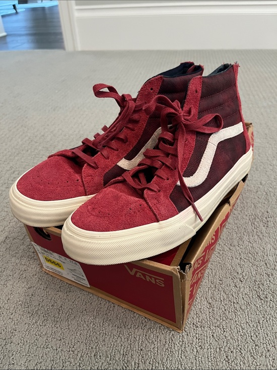 Vans Other - Men’s High-Top Vans Suede Skate Sneakers in Burgundy with White Stripe